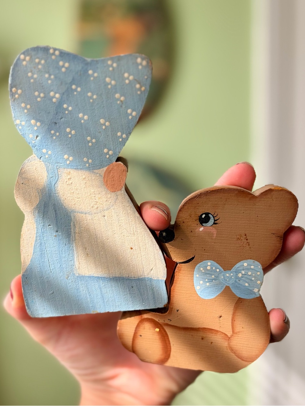 Rustic Cottage Hand-Painted Wooden Teddy Bear & Girl in Bonnet